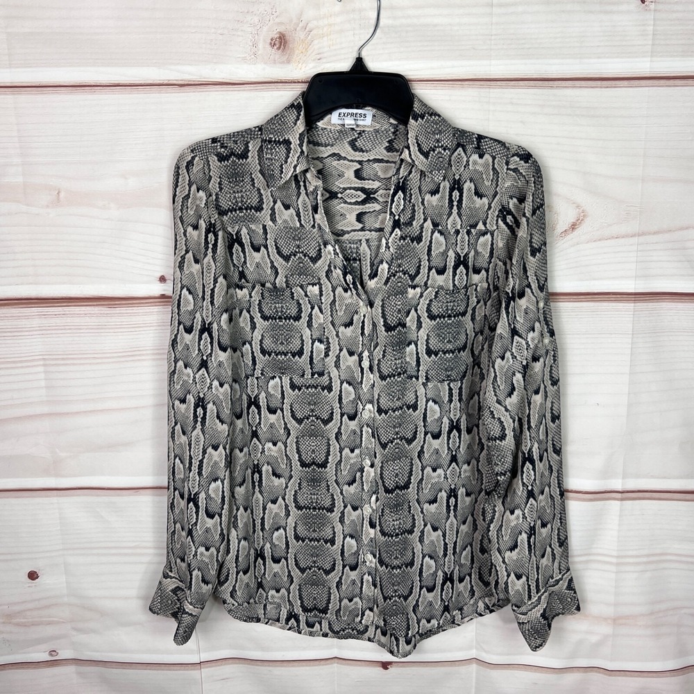 Express Top Womens S Beige Gray Snakeskin Print Shirt Portofino Button Up Pocket